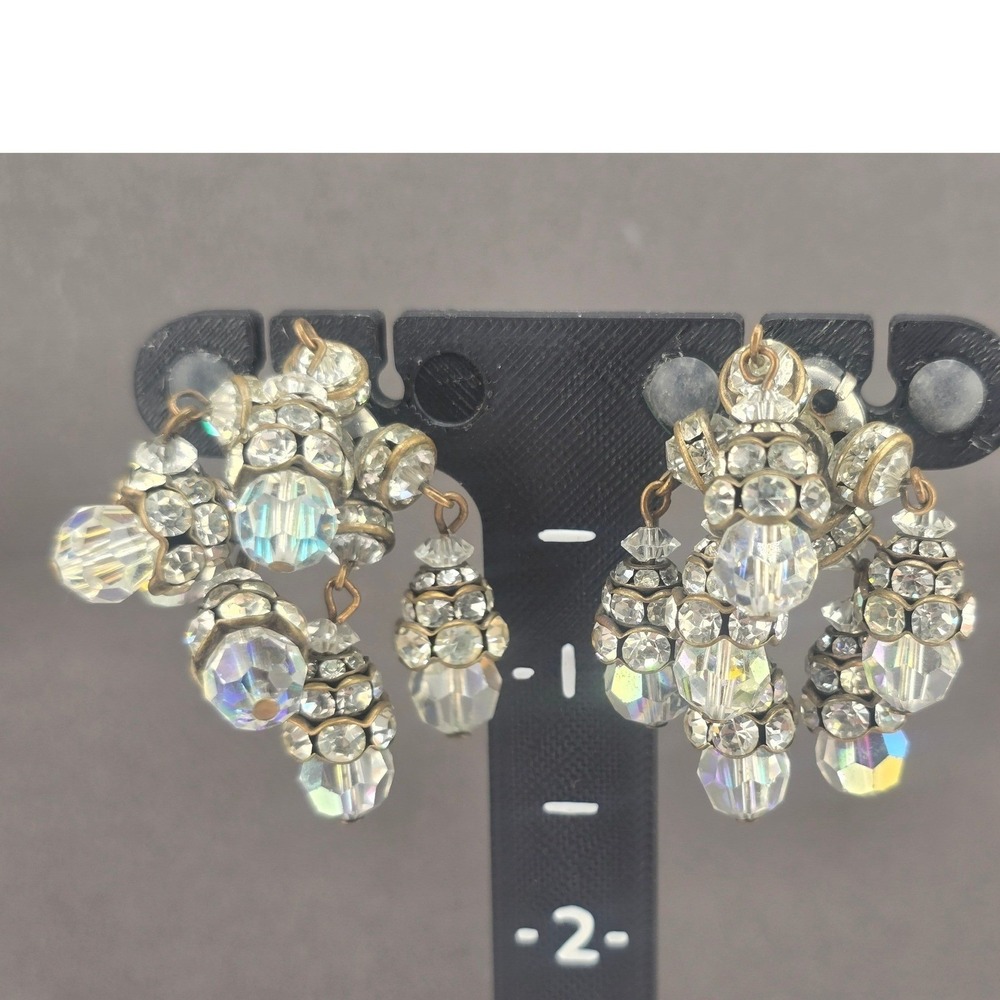 Vintage Estate Dangle Earrings Clear AB Rhinestone Crystal Cluster Cha Cha 1.5"